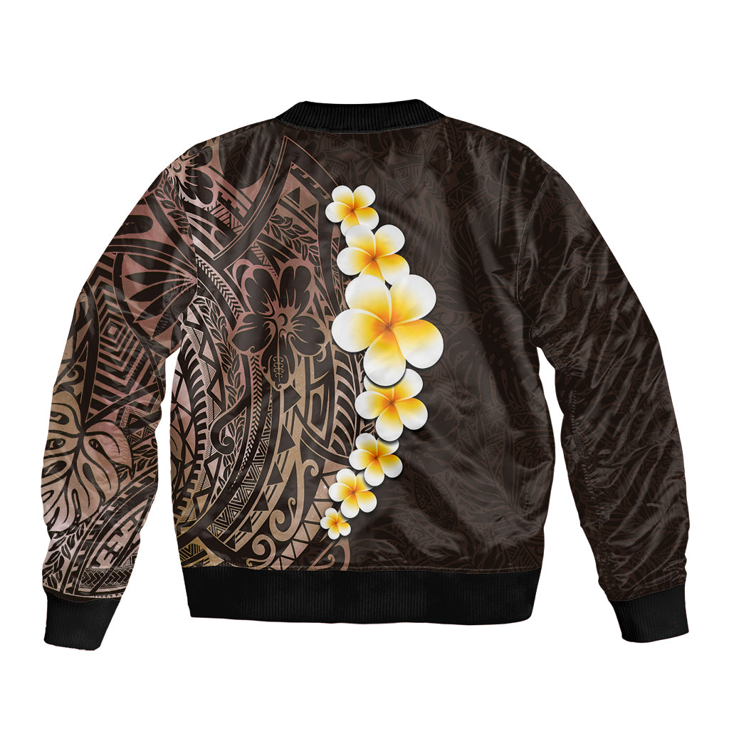 Brown Polynesia Bomber Jacket Plumeria Tropical Leaves With Galaxy Polynesian Art - Wonder Print Shop