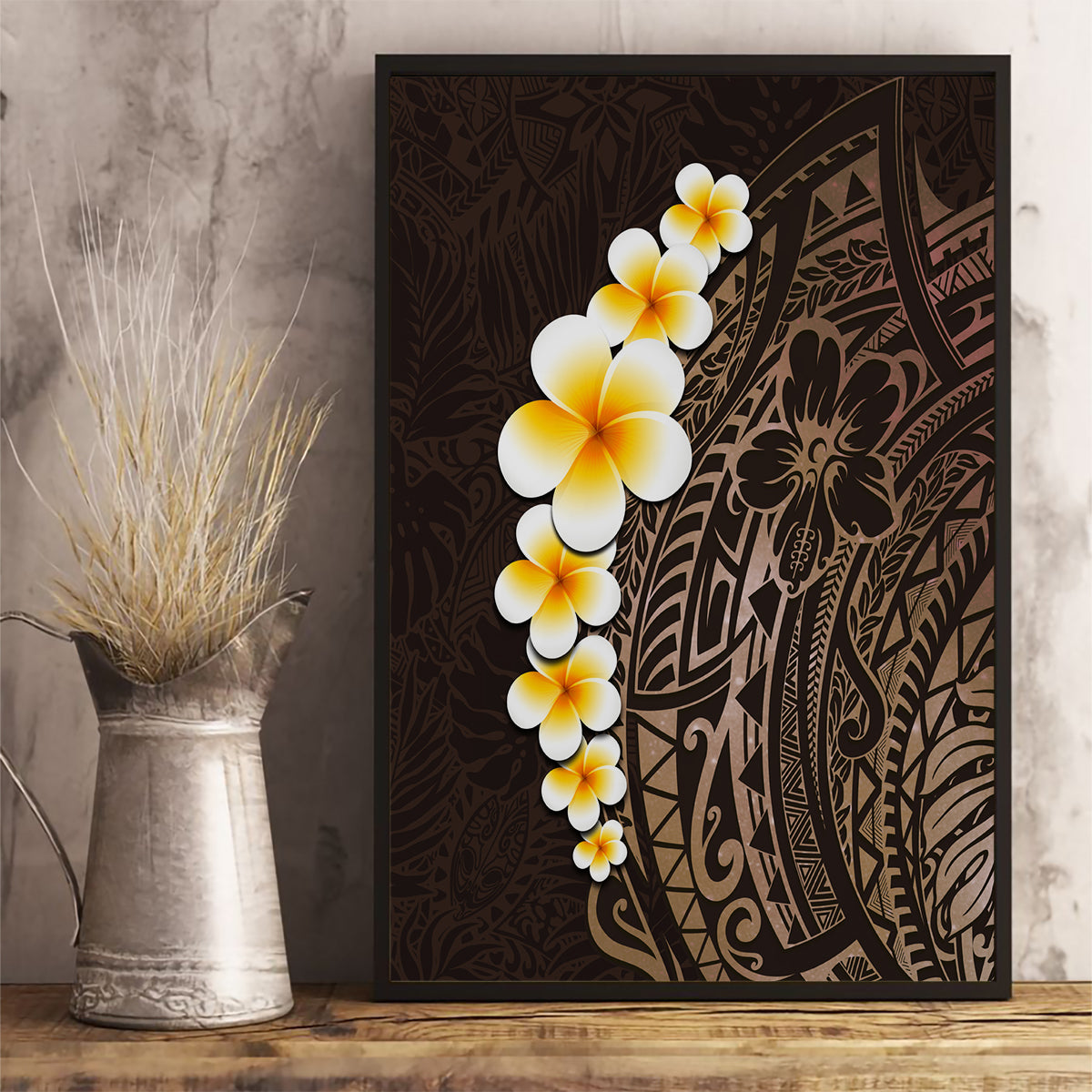 Brown Polynesia Canvas Wall Art Plumeria Tropical Leaves With Galaxy Polynesian Art - Wonder Print Shop