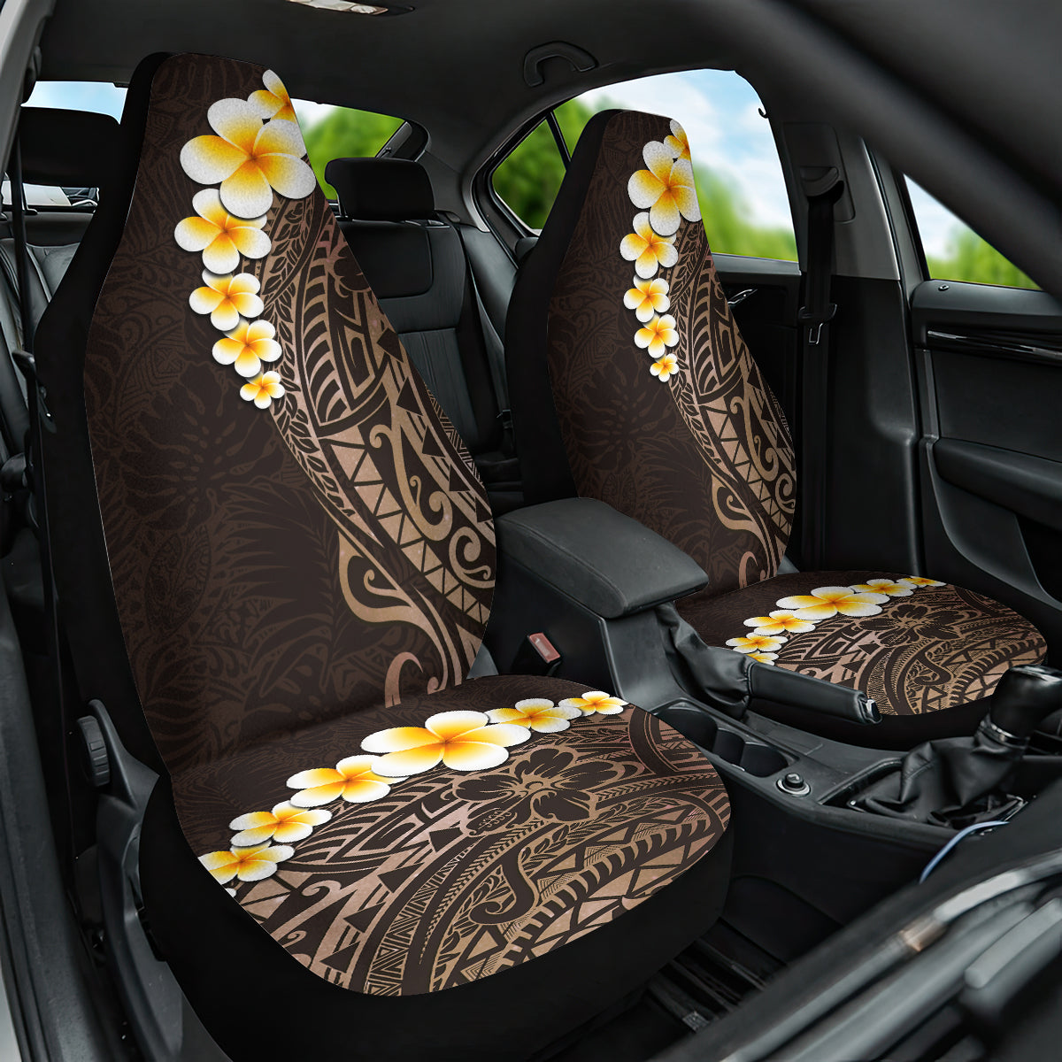Brown Polynesia Car Seat Cover Plumeria Tropical Leaves With Galaxy Polynesian Art - Wonder Print Shop
