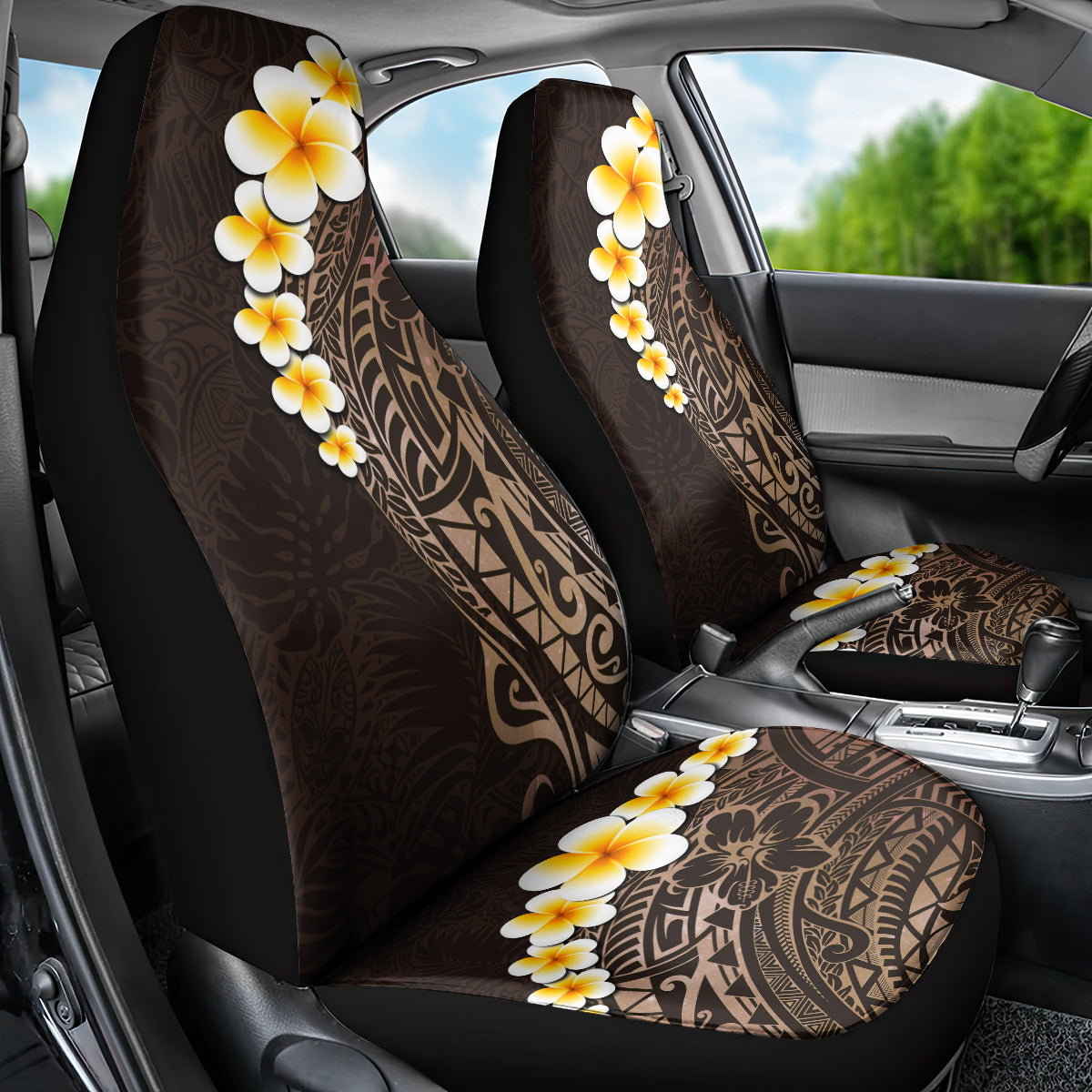 Brown Polynesia Car Seat Cover Plumeria Tropical Leaves With Galaxy Polynesian Art - Wonder Print Shop