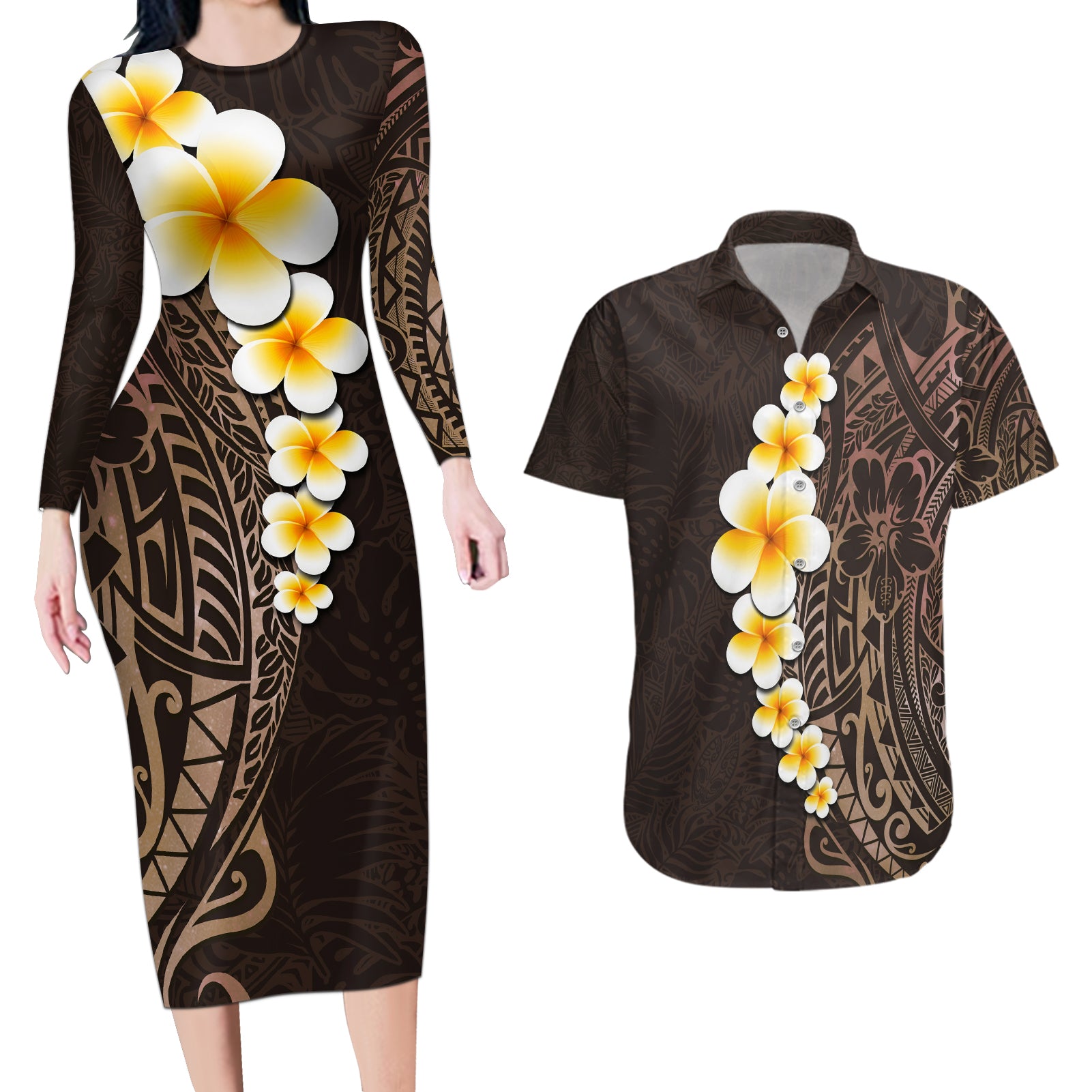 Brown Polynesia Couples Matching Long Sleeve Bodycon Dress and Hawaiian Shirt Plumeria Tropical Leaves With Galaxy Polynesian Art - Wonder Print Shop