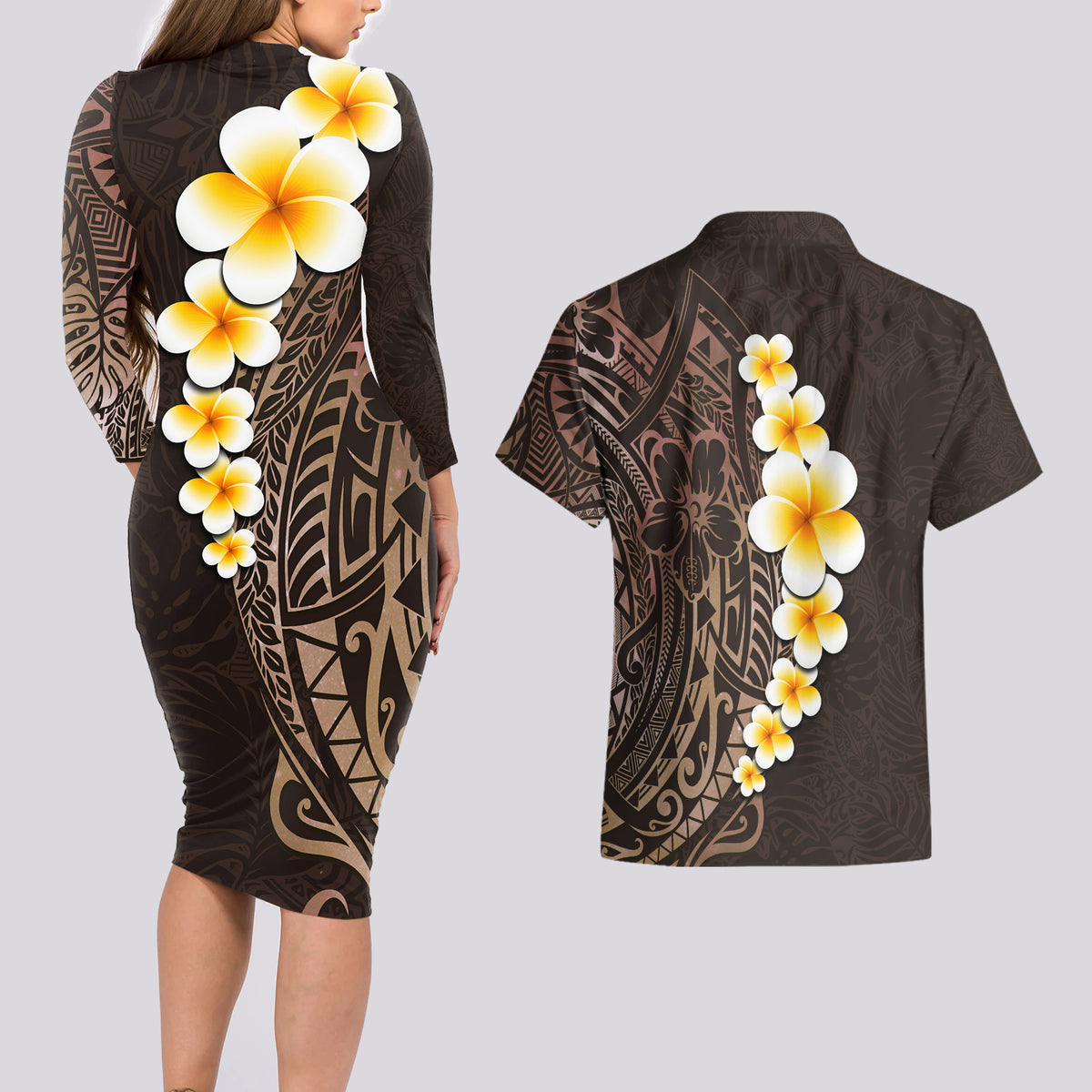 Brown Polynesia Couples Matching Long Sleeve Bodycon Dress and Hawaiian Shirt Plumeria Tropical Leaves With Galaxy Polynesian Art - Wonder Print Shop