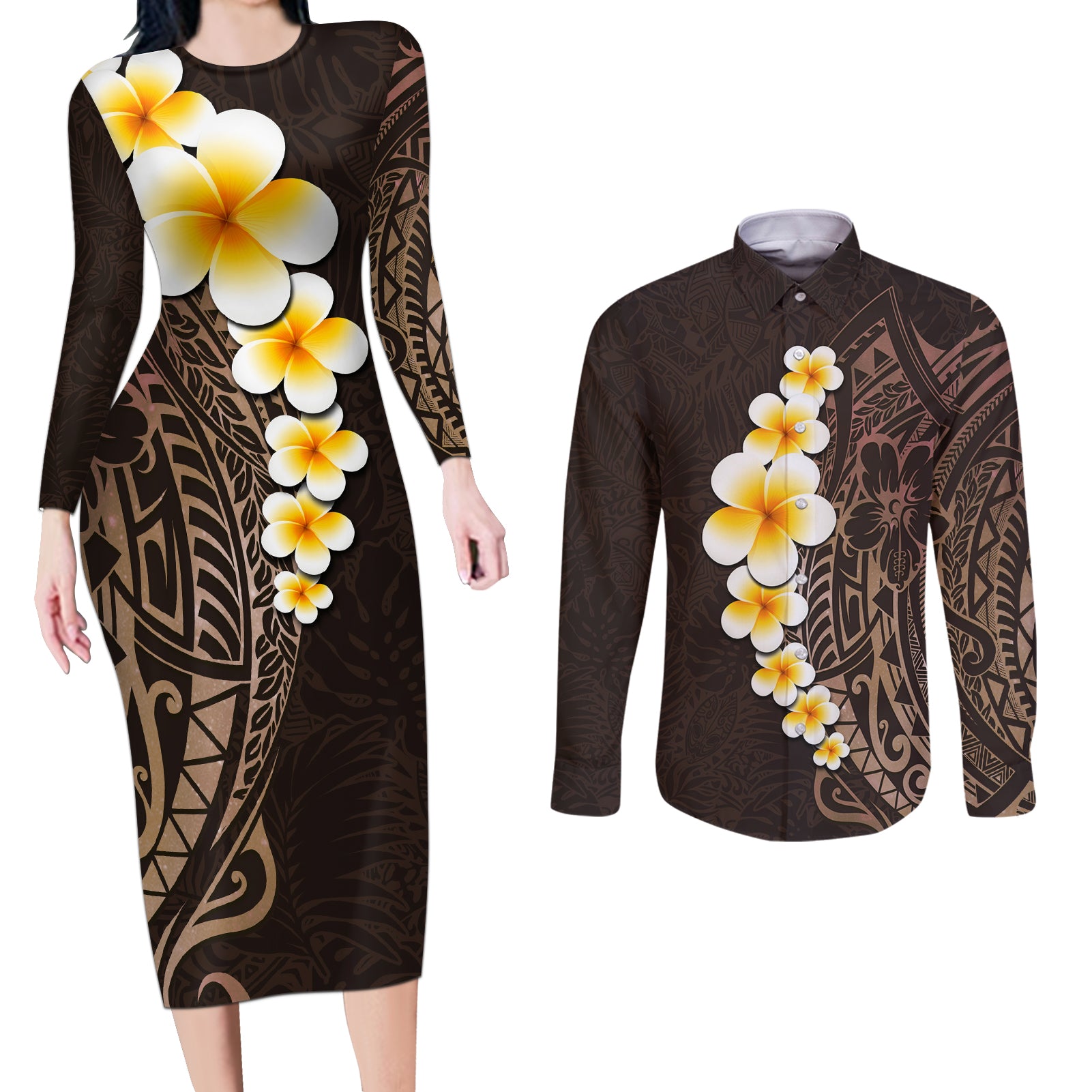 Brown Polynesia Couples Matching Long Sleeve Bodycon Dress and Long Sleeve Button Shirt Plumeria Tropical Leaves With Galaxy Polynesian Art - Wonder Print Shop