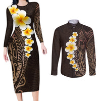 Brown Polynesia Couples Matching Long Sleeve Bodycon Dress and Long Sleeve Button Shirt Plumeria Tropical Leaves With Galaxy Polynesian Art - Wonder Print Shop