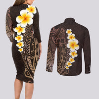 Brown Polynesia Couples Matching Long Sleeve Bodycon Dress and Long Sleeve Button Shirt Plumeria Tropical Leaves With Galaxy Polynesian Art - Wonder Print Shop