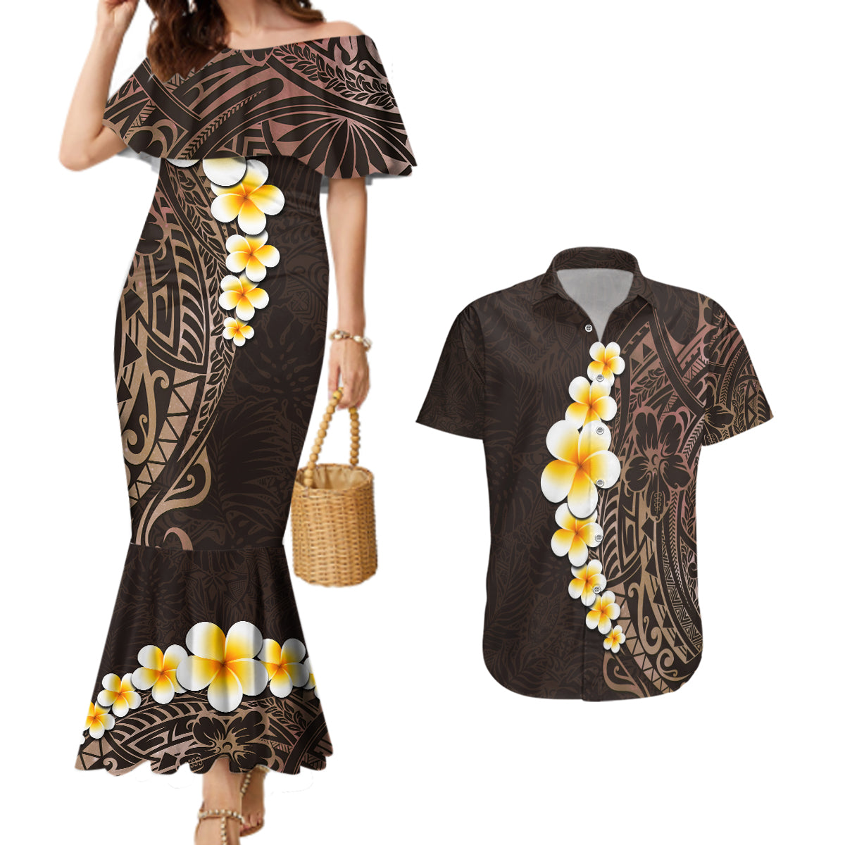 Brown Polynesia Couples Matching Mermaid Dress and Hawaiian Shirt Plumeria Tropical Leaves With Galaxy Polynesian Art - Wonder Print Shop