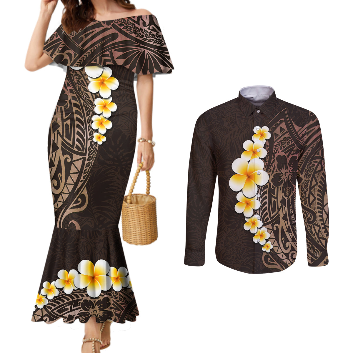 brown-polynesia-couples-matching-mermaid-dress-and-long-sleeve-button-shirt-plumeria-tropical-leaves-with-galaxy-polynesian-art