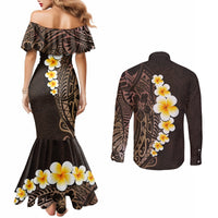 brown-polynesia-couples-matching-mermaid-dress-and-long-sleeve-button-shirt-plumeria-tropical-leaves-with-galaxy-polynesian-art