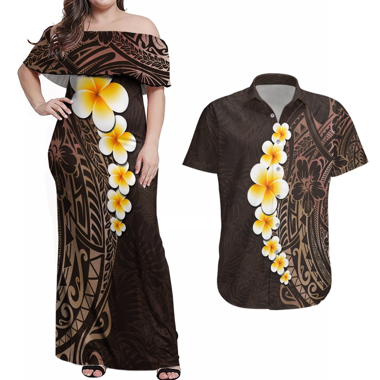 Brown Polynesia Couples Matching Off Shoulder Maxi Dress and Hawaiian Shirt Plumeria Tropical Leaves With Galaxy Polynesian Art - Wonder Print Shop