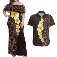Brown Polynesia Couples Matching Off Shoulder Maxi Dress and Hawaiian Shirt Plumeria Tropical Leaves With Galaxy Polynesian Art - Wonder Print Shop