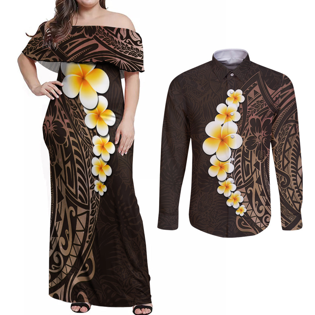 Brown Polynesia Couples Matching Off Shoulder Maxi Dress and Long Sleeve Button Shirt Plumeria Tropical Leaves With Galaxy Polynesian Art - Wonder Print Shop