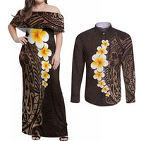 Brown Polynesia Couples Matching Off Shoulder Maxi Dress and Long Sleeve Button Shirt Plumeria Tropical Leaves With Galaxy Polynesian Art - Wonder Print Shop