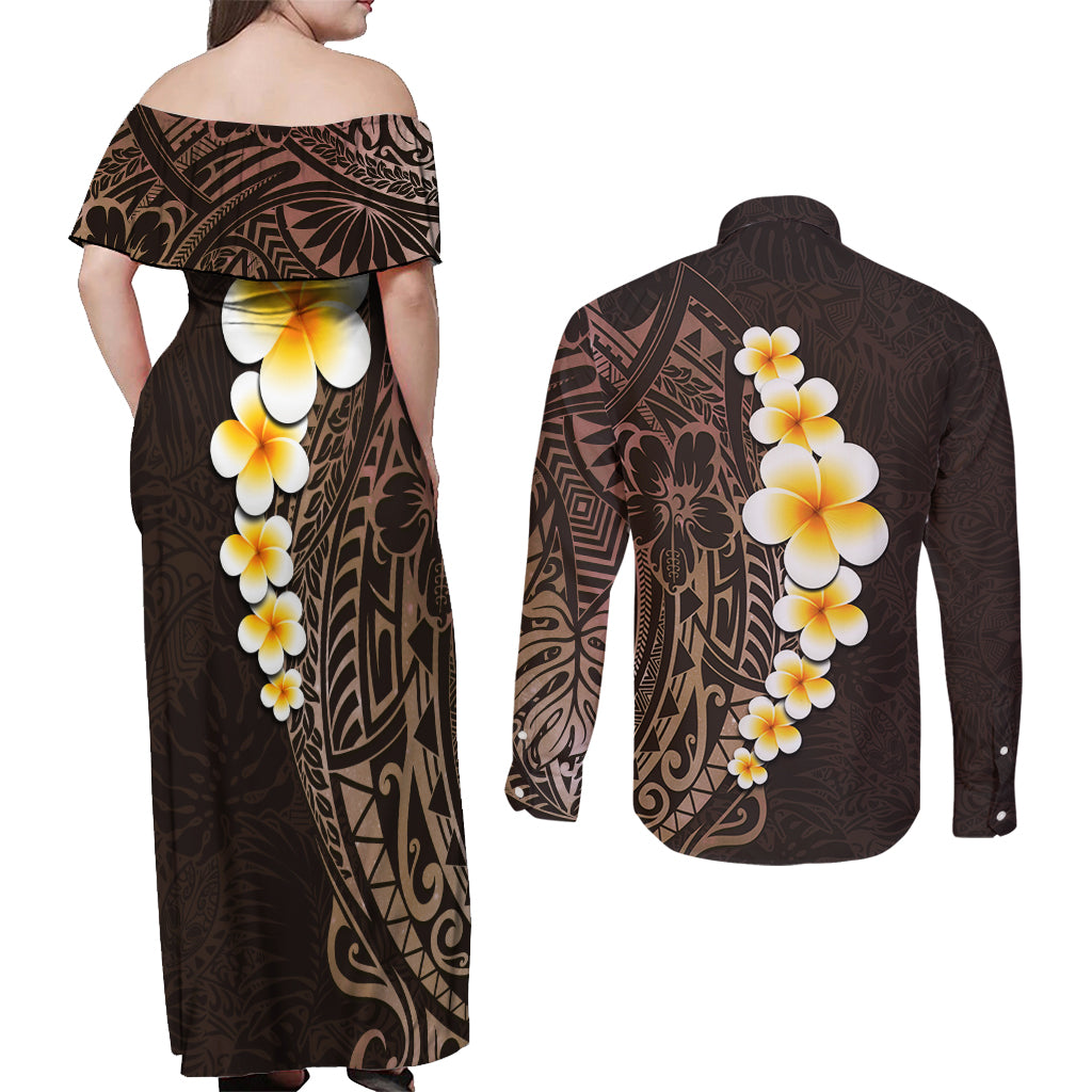Brown Polynesia Couples Matching Off Shoulder Maxi Dress and Long Sleeve Button Shirt Plumeria Tropical Leaves With Galaxy Polynesian Art - Wonder Print Shop