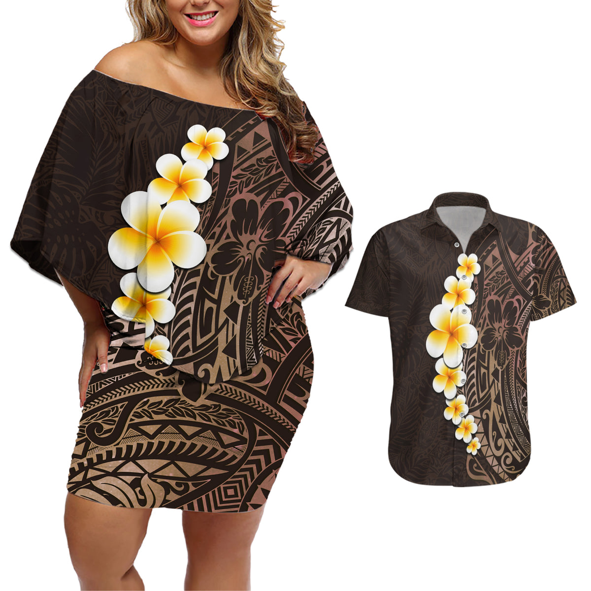Brown Polynesia Couples Matching Off Shoulder Short Dress and Hawaiian Shirt Plumeria Tropical Leaves With Galaxy Polynesian Art - Wonder Print Shop