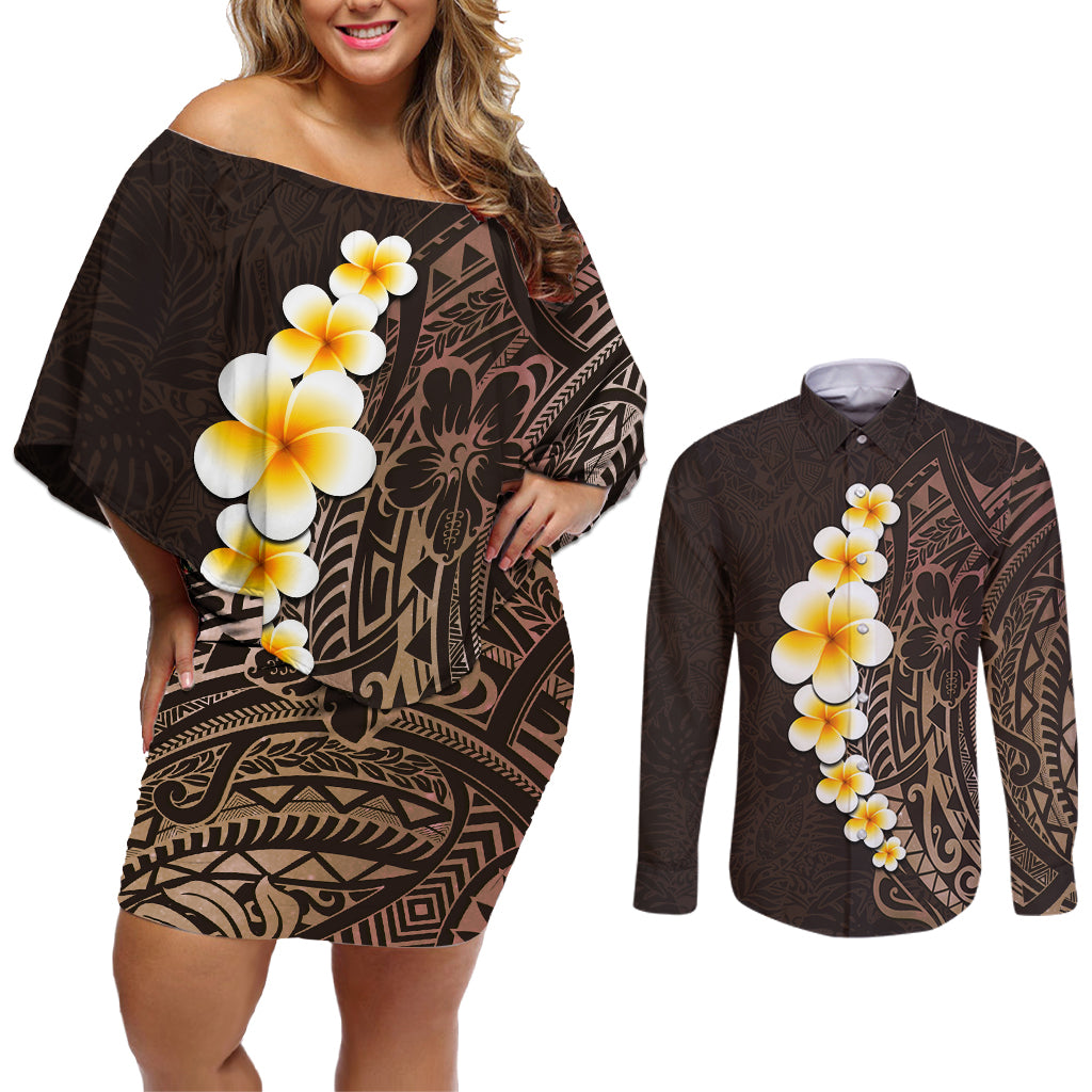 Brown Polynesia Couples Matching Off Shoulder Short Dress and Long Sleeve Button Shirt Plumeria Tropical Leaves With Galaxy Polynesian Art - Wonder Print Shop