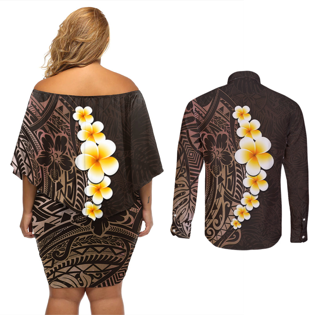 Brown Polynesia Couples Matching Off Shoulder Short Dress and Long Sleeve Button Shirt Plumeria Tropical Leaves With Galaxy Polynesian Art - Wonder Print Shop