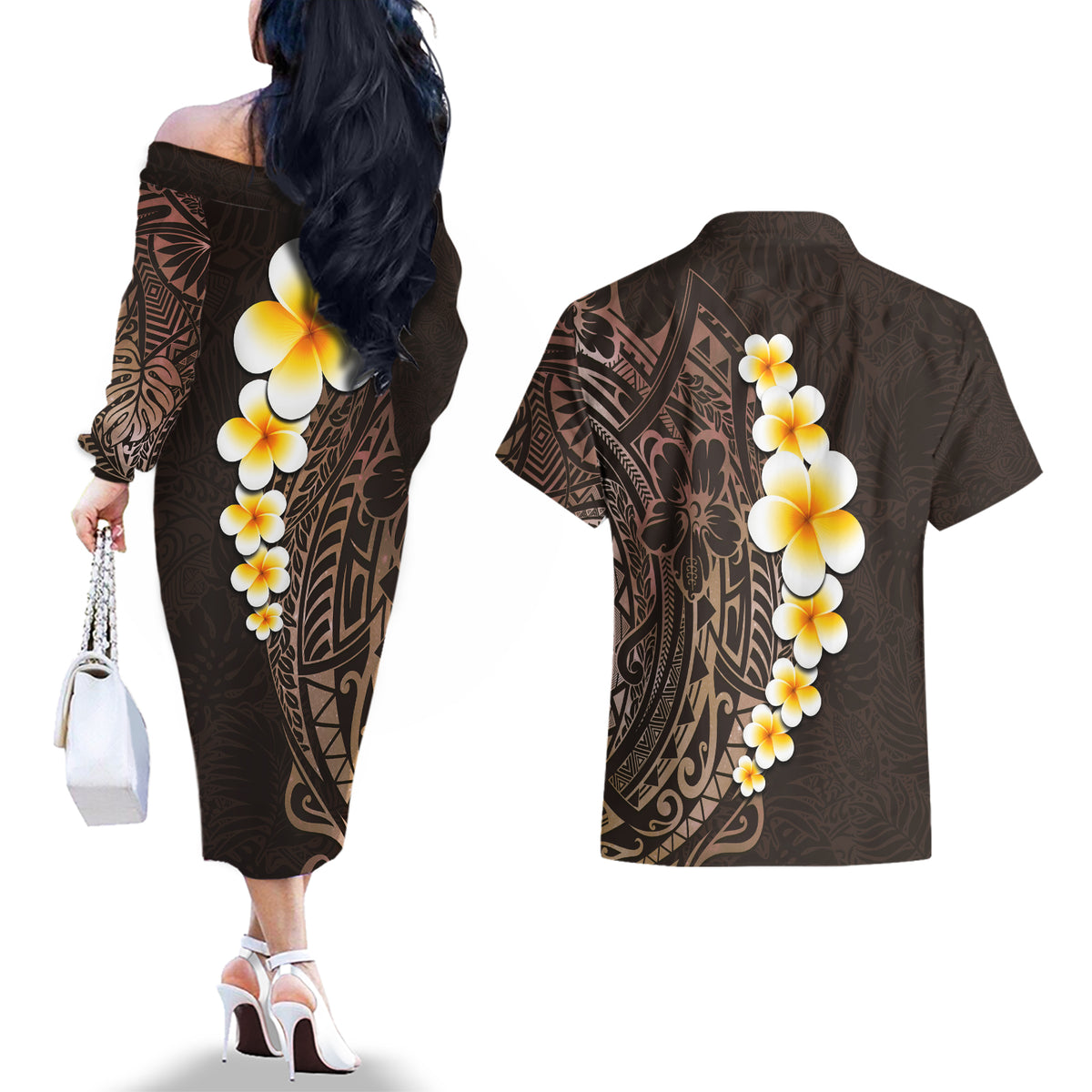 Brown Polynesia Couples Matching Off The Shoulder Long Sleeve Dress and Hawaiian Shirt Plumeria Tropical Leaves With Galaxy Polynesian Art - Wonder Print Shop