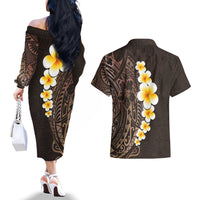 Brown Polynesia Couples Matching Off The Shoulder Long Sleeve Dress and Hawaiian Shirt Plumeria Tropical Leaves With Galaxy Polynesian Art - Wonder Print Shop
