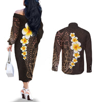 brown-polynesia-couples-matching-off-the-shoulder-long-sleeve-dress-and-long-sleeve-button-shirt-plumeria-tropical-leaves-with-galaxy-polynesian-art