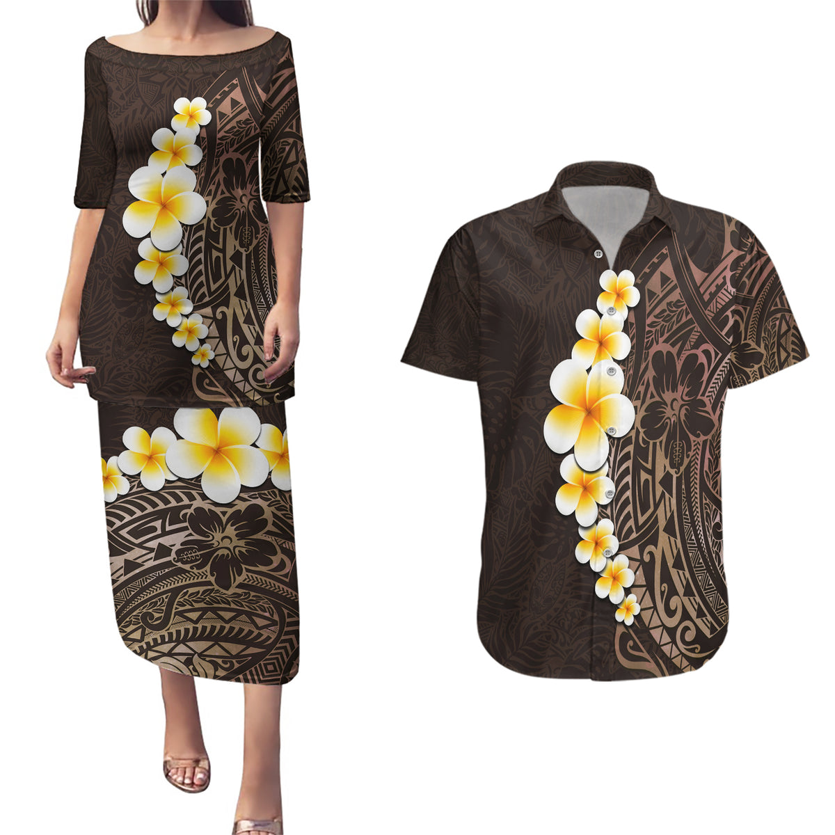Brown Polynesia Couples Matching Puletasi Dress and Hawaiian Shirt Plumeria Tropical Leaves With Galaxy Polynesian Art - Wonder Print Shop