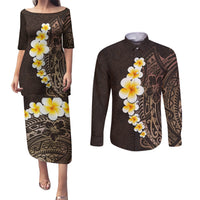 Brown Polynesia Couples Matching Puletasi Dress and Long Sleeve Button Shirt Plumeria Tropical Leaves With Galaxy Polynesian Art - Wonder Print Shop