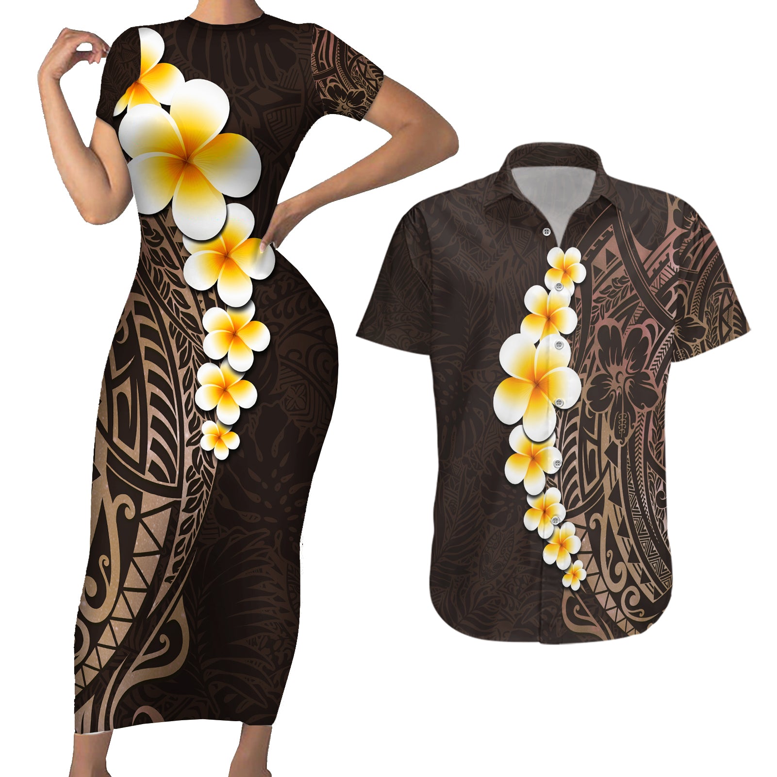 Brown Polynesia Couples Matching Short Sleeve Bodycon Dress and Hawaiian Shirt Plumeria Tropical Leaves With Galaxy Polynesian Art - Wonder Print Shop
