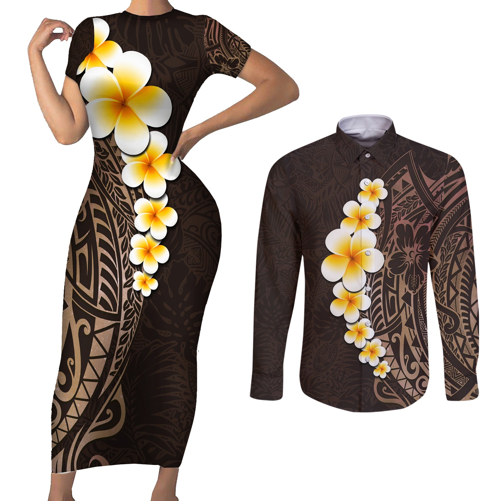 Brown Polynesia Couples Matching Short Sleeve Bodycon Dress and Long Sleeve Button Shirt Plumeria Tropical Leaves With Galaxy Polynesian Art - Wonder Print Shop