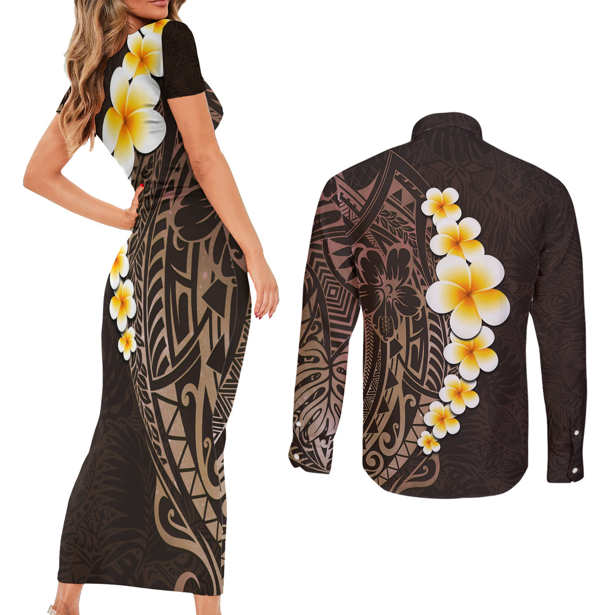 Brown Polynesia Couples Matching Short Sleeve Bodycon Dress and Long Sleeve Button Shirt Plumeria Tropical Leaves With Galaxy Polynesian Art - Wonder Print Shop
