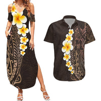 Brown Polynesia Couples Matching Summer Maxi Dress and Hawaiian Shirt Plumeria Tropical Leaves With Galaxy Polynesian Art - Wonder Print Shop
