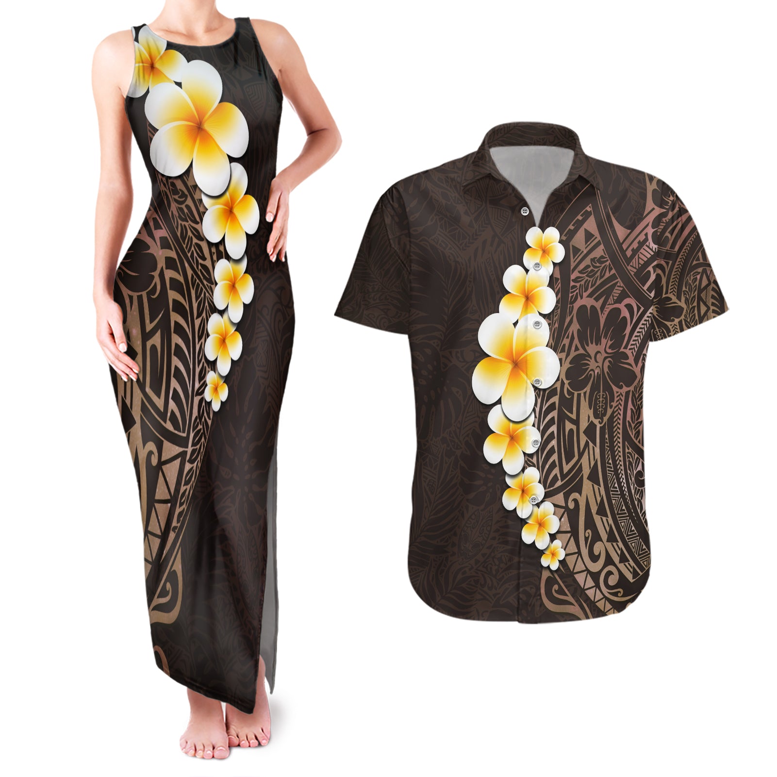 Brown Polynesia Couples Matching Tank Maxi Dress and Hawaiian Shirt Plumeria Tropical Leaves With Galaxy Polynesian Art - Wonder Print Shop