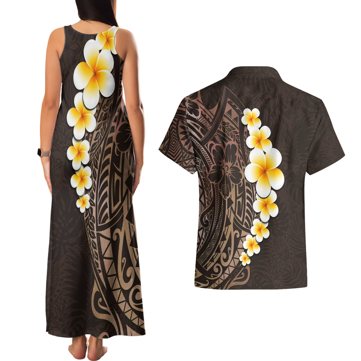 Brown Polynesia Couples Matching Tank Maxi Dress and Hawaiian Shirt Plumeria Tropical Leaves With Galaxy Polynesian Art - Wonder Print Shop