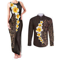 Brown Polynesia Couples Matching Tank Maxi Dress and Long Sleeve Button Shirt Plumeria Tropical Leaves With Galaxy Polynesian Art - Wonder Print Shop