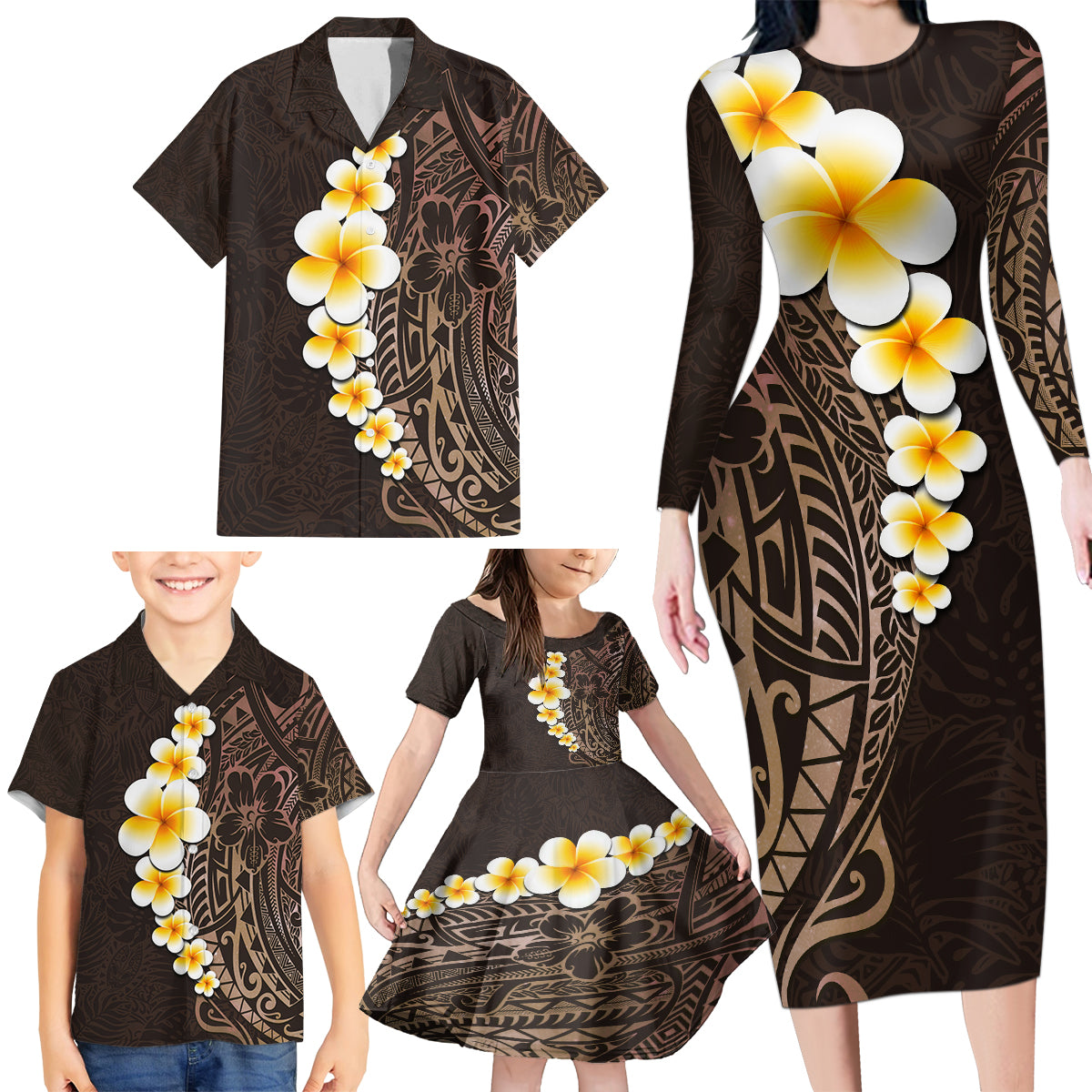 Brown Polynesia Family Matching Long Sleeve Bodycon Dress and Hawaiian Shirt Plumeria Tropical Leaves With Galaxy Polynesian Art - Wonder Print Shop