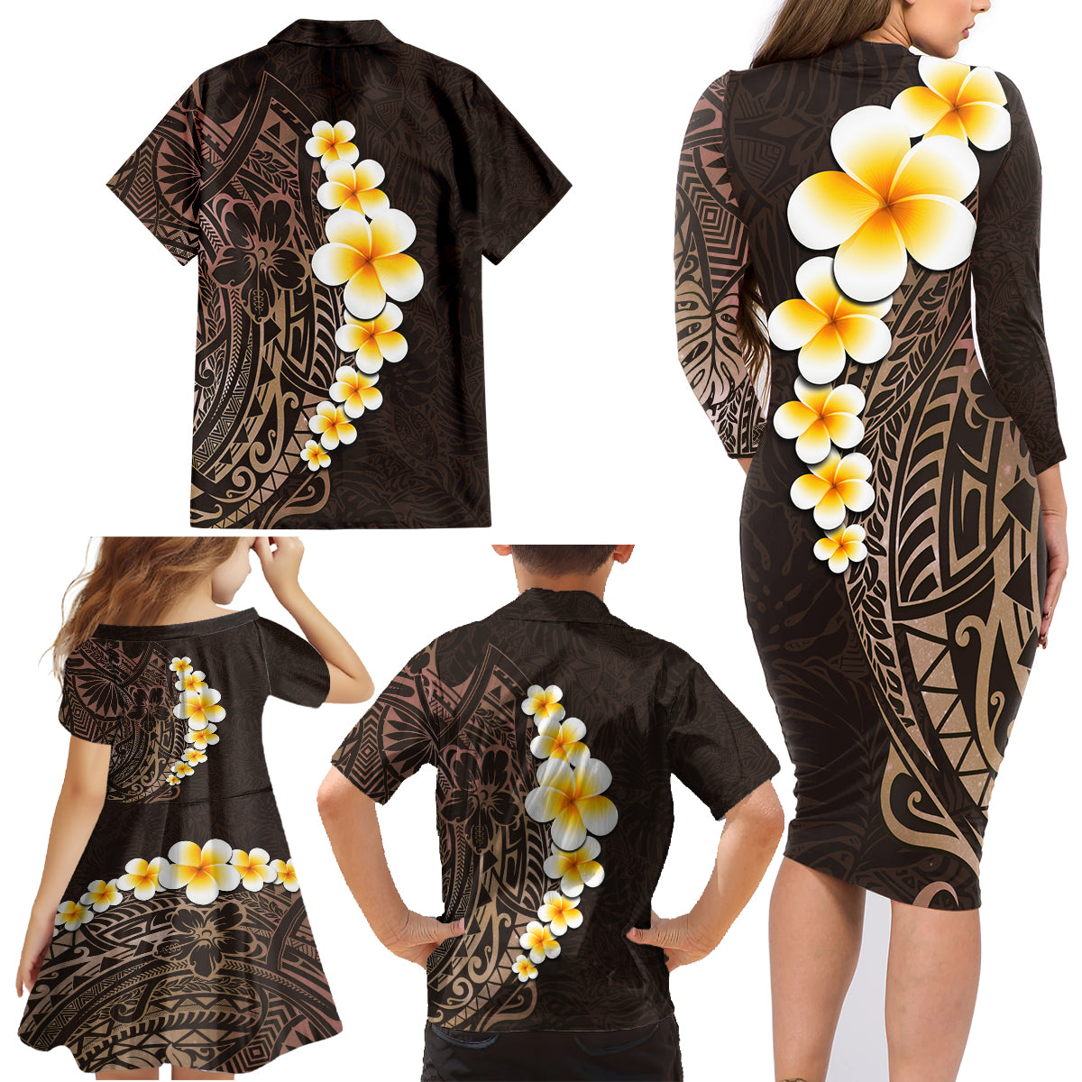 Brown Polynesia Family Matching Long Sleeve Bodycon Dress and Hawaiian Shirt Plumeria Tropical Leaves With Galaxy Polynesian Art - Wonder Print Shop