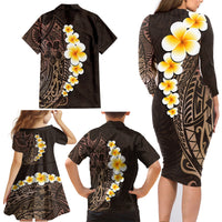 Brown Polynesia Family Matching Long Sleeve Bodycon Dress and Hawaiian Shirt Plumeria Tropical Leaves With Galaxy Polynesian Art - Wonder Print Shop