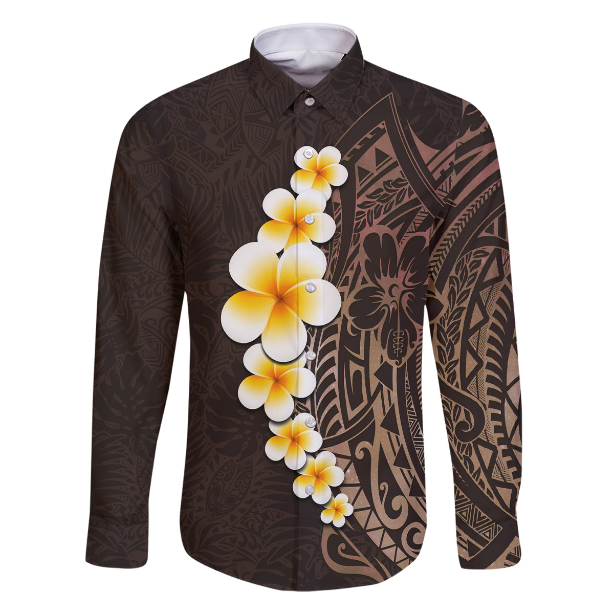 Brown Polynesia Family Matching Long Sleeve Bodycon Dress and Hawaiian Shirt Plumeria Tropical Leaves With Galaxy Polynesian Art - Wonder Print Shop