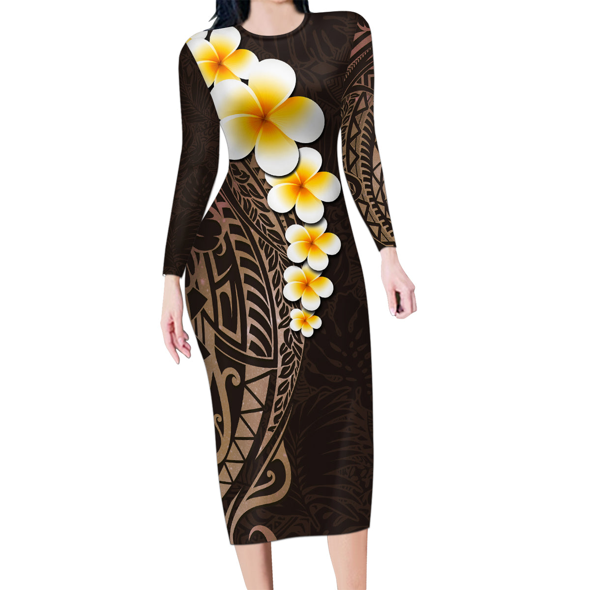 Brown Polynesia Family Matching Long Sleeve Bodycon Dress and Hawaiian Shirt Plumeria Tropical Leaves With Galaxy Polynesian Art - Wonder Print Shop