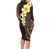 Brown Polynesia Family Matching Long Sleeve Bodycon Dress and Hawaiian Shirt Plumeria Tropical Leaves With Galaxy Polynesian Art - Wonder Print Shop