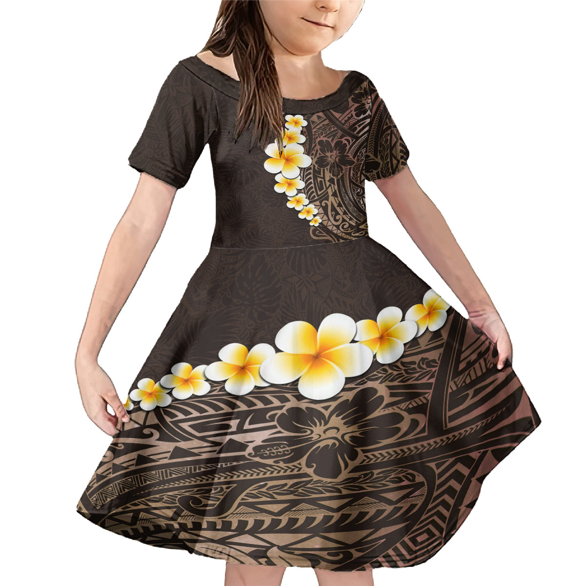Brown Polynesia Family Matching Mermaid Dress and Hawaiian Shirt Plumeria Tropical Leaves With Galaxy Polynesian Art - Wonder Print Shop