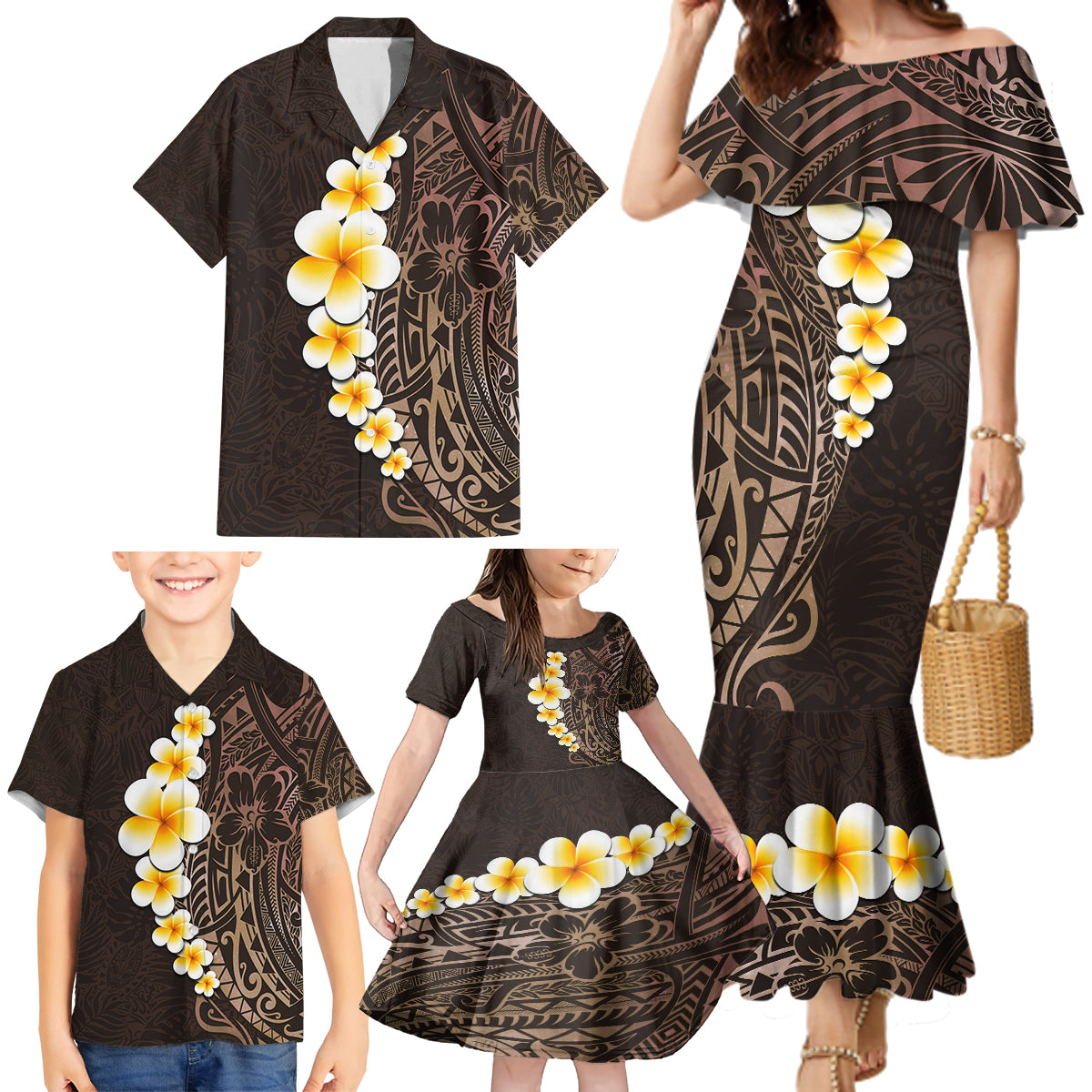 Brown Polynesia Family Matching Mermaid Dress and Hawaiian Shirt Plumeria Tropical Leaves With Galaxy Polynesian Art - Wonder Print Shop