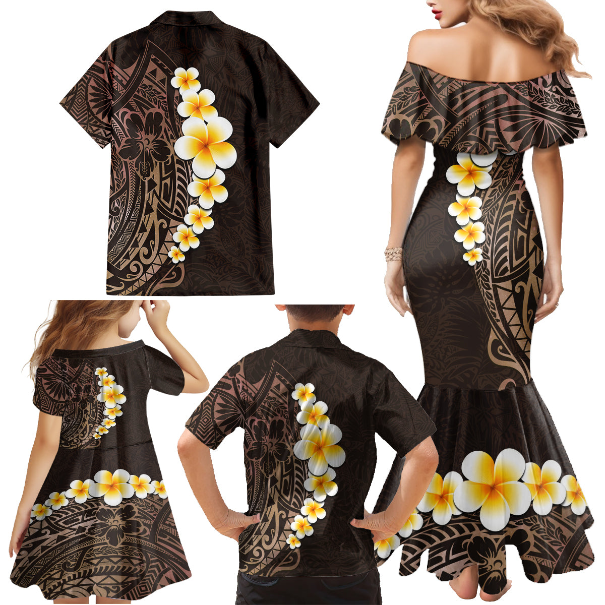 Brown Polynesia Family Matching Mermaid Dress and Hawaiian Shirt Plumeria Tropical Leaves With Galaxy Polynesian Art - Wonder Print Shop
