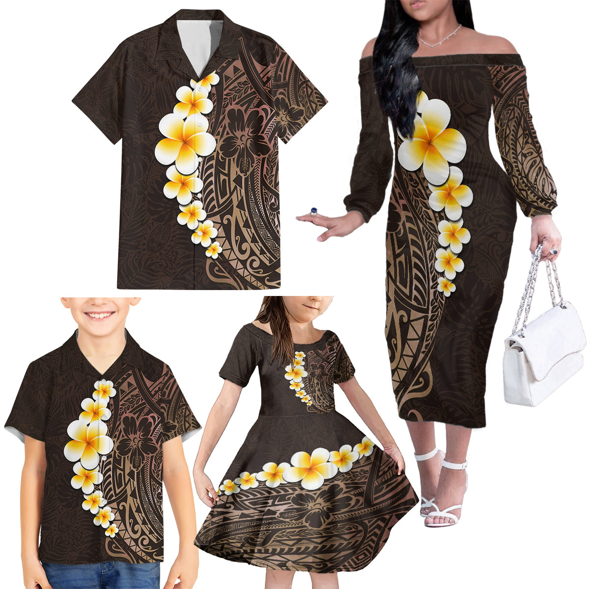 Brown Polynesia Family Matching Off Shoulder Long Sleeve Dress and Hawaiian Shirt Plumeria Tropical Leaves With Galaxy Polynesian Art - Wonder Print Shop