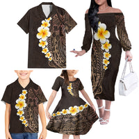 Brown Polynesia Family Matching Off Shoulder Long Sleeve Dress and Hawaiian Shirt Plumeria Tropical Leaves With Galaxy Polynesian Art - Wonder Print Shop