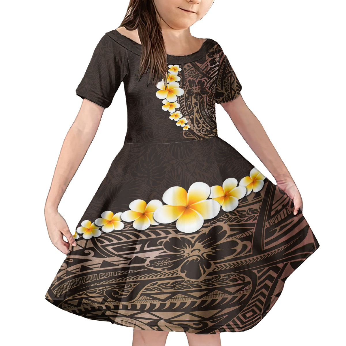 Brown Polynesia Family Matching Off Shoulder Maxi Dress and Hawaiian Shirt Plumeria Tropical Leaves With Galaxy Polynesian Art - Wonder Print Shop