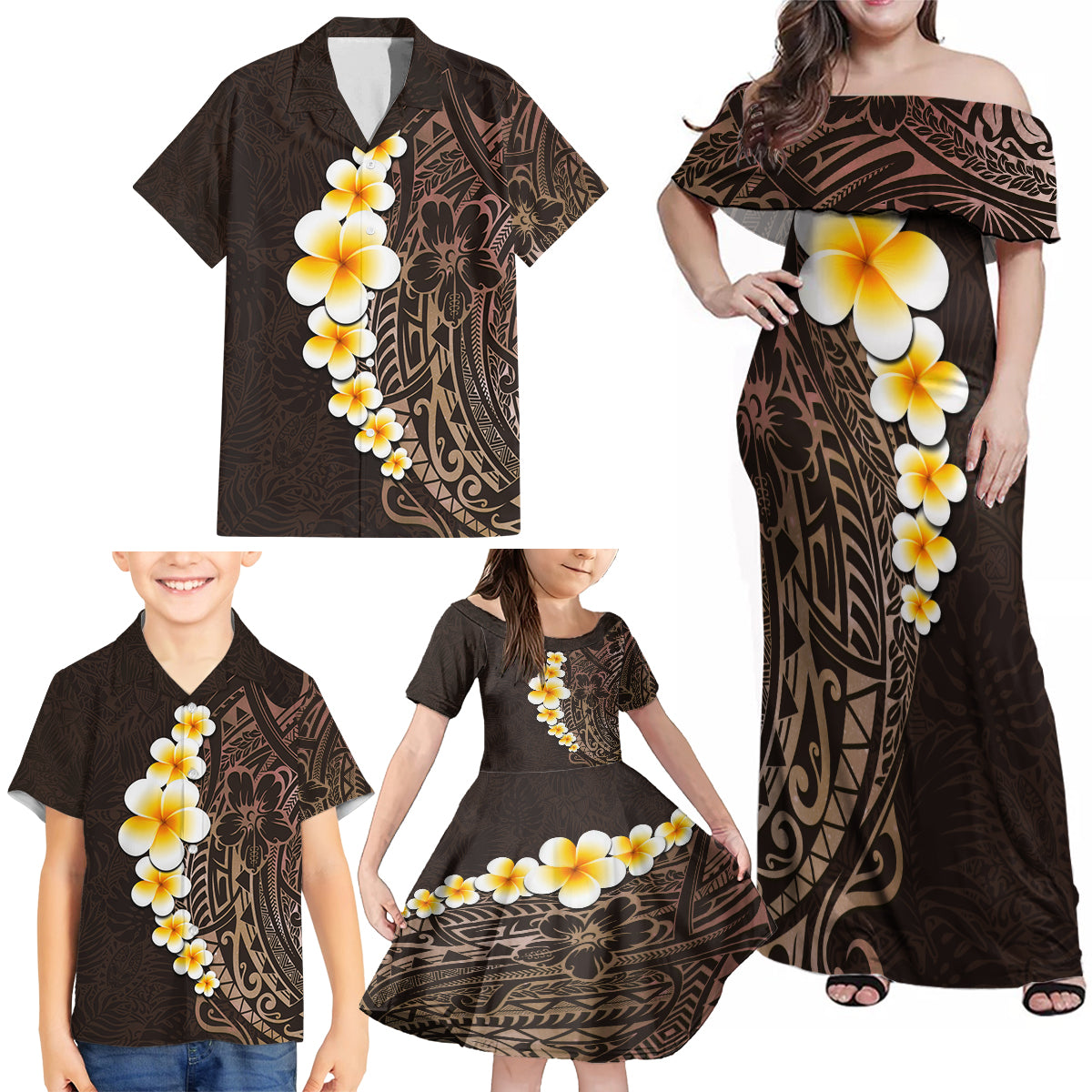 Brown Polynesia Family Matching Off Shoulder Maxi Dress and Hawaiian Shirt Plumeria Tropical Leaves With Galaxy Polynesian Art - Wonder Print Shop