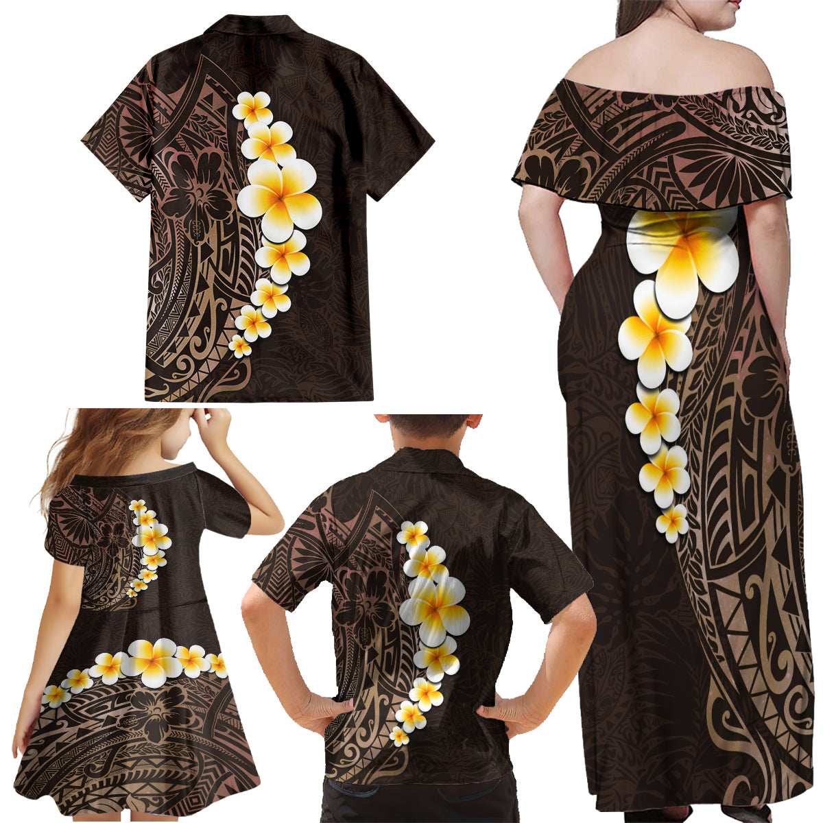 Brown Polynesia Family Matching Off Shoulder Maxi Dress and Hawaiian Shirt Plumeria Tropical Leaves With Galaxy Polynesian Art - Wonder Print Shop