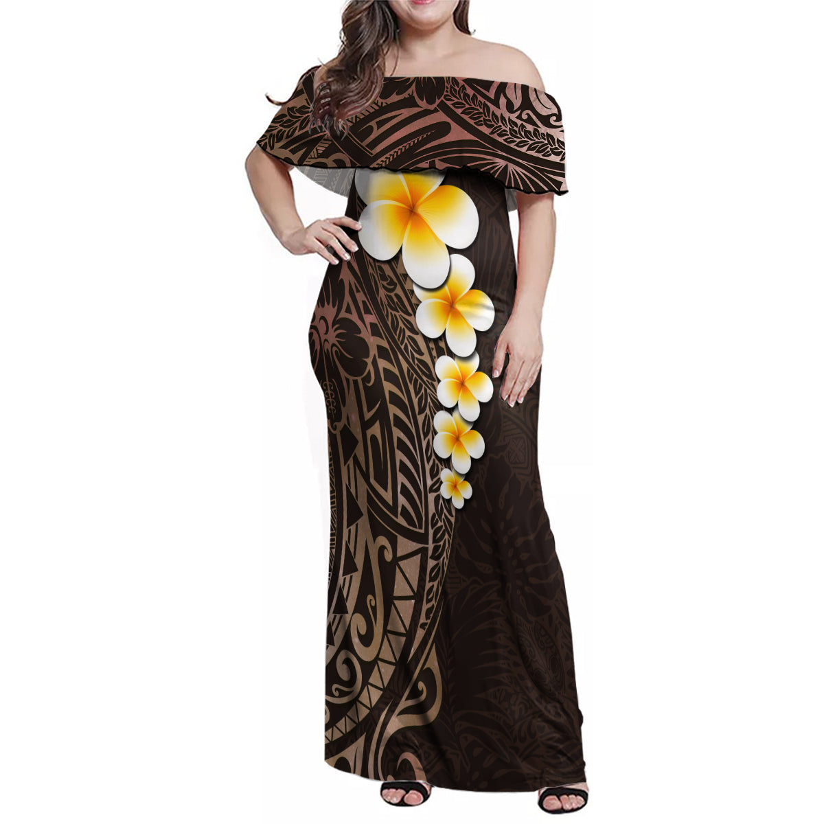 Brown Polynesia Family Matching Off Shoulder Maxi Dress and Hawaiian Shirt Plumeria Tropical Leaves With Galaxy Polynesian Art - Wonder Print Shop