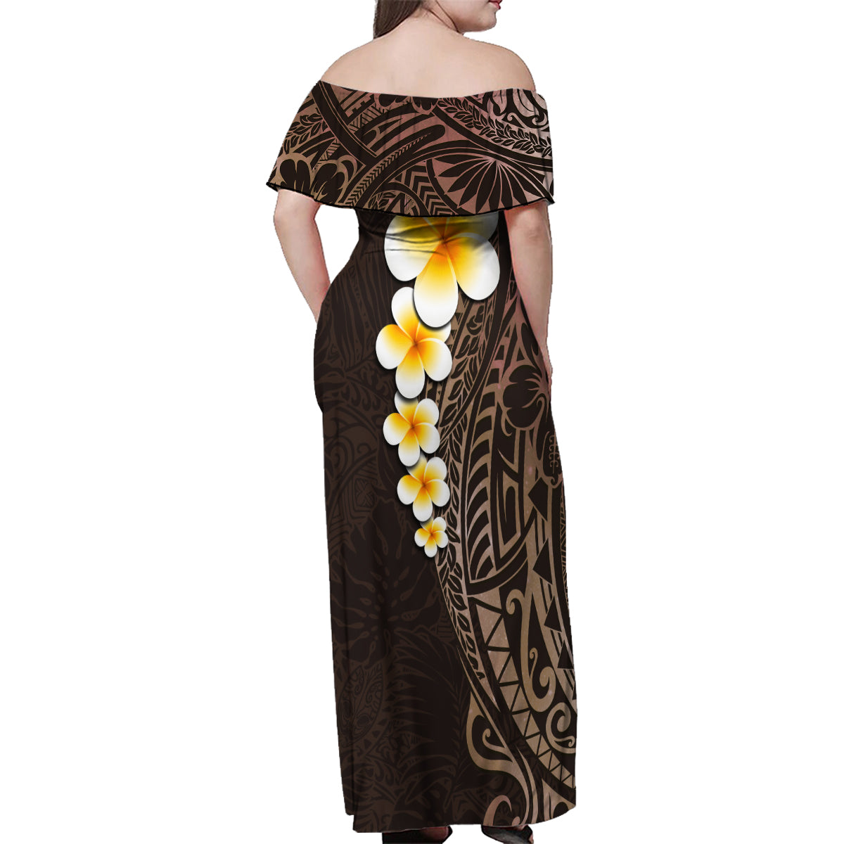 Brown Polynesia Family Matching Off Shoulder Maxi Dress and Hawaiian Shirt Plumeria Tropical Leaves With Galaxy Polynesian Art - Wonder Print Shop