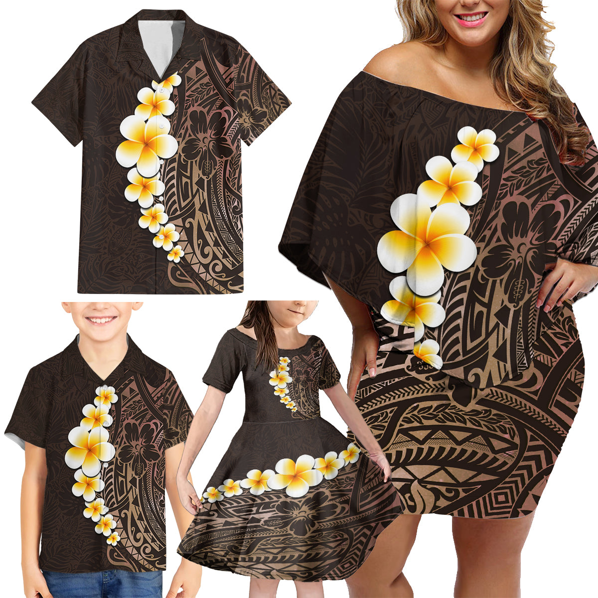 Brown Polynesia Family Matching Off Shoulder Short Dress and Hawaiian Shirt Plumeria Tropical Leaves With Galaxy Polynesian Art - Wonder Print Shop