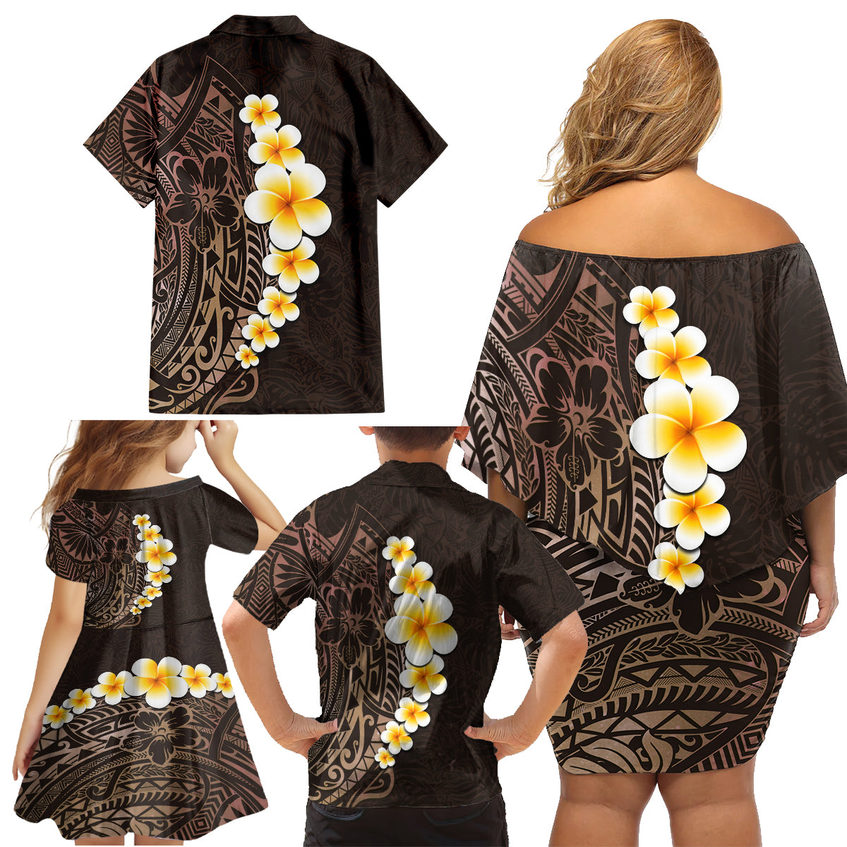 Brown Polynesia Family Matching Off Shoulder Short Dress and Hawaiian Shirt Plumeria Tropical Leaves With Galaxy Polynesian Art - Wonder Print Shop